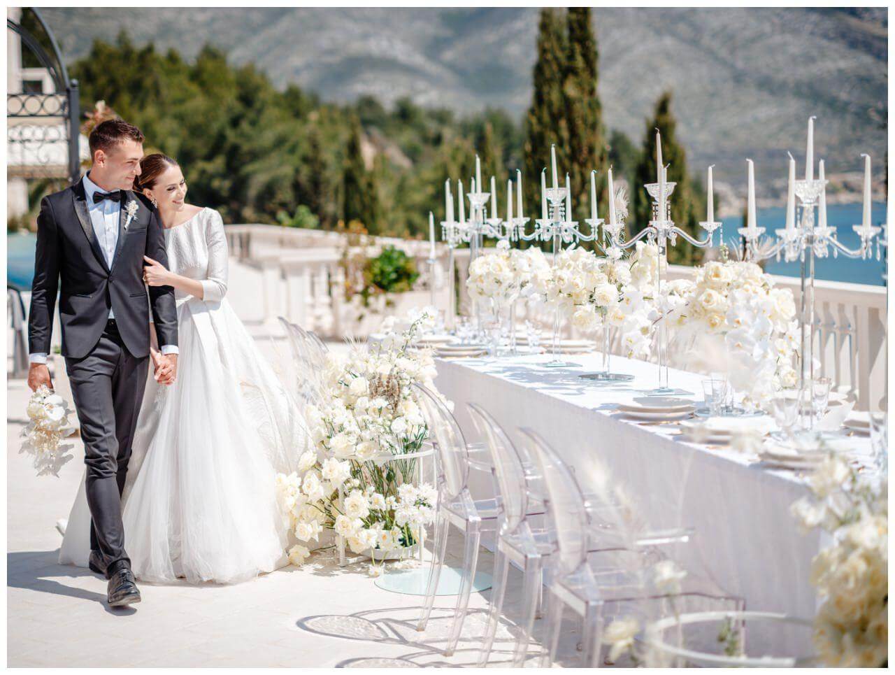 Luxus Hochzeit am Meer Kroatien Pool Hochzeitsfarbe Weiß Glamour